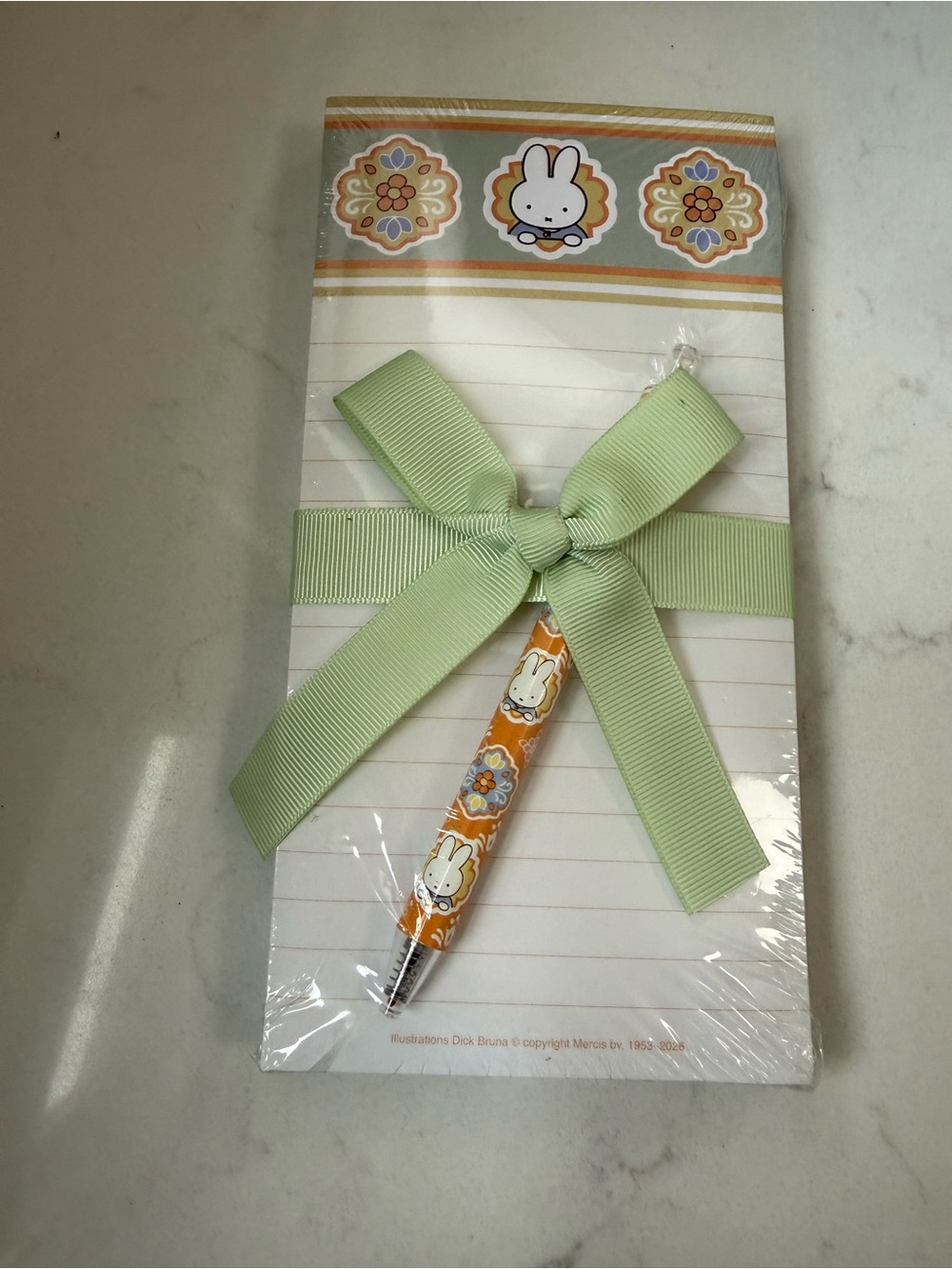 Miffy themed Floral Notepad Set with Green Grosgrain Bow & Orange Pen